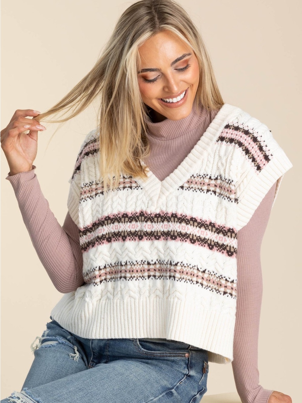 Cream Cable Knit V-Neck Sweater Vest with Pink and Brown Stripes